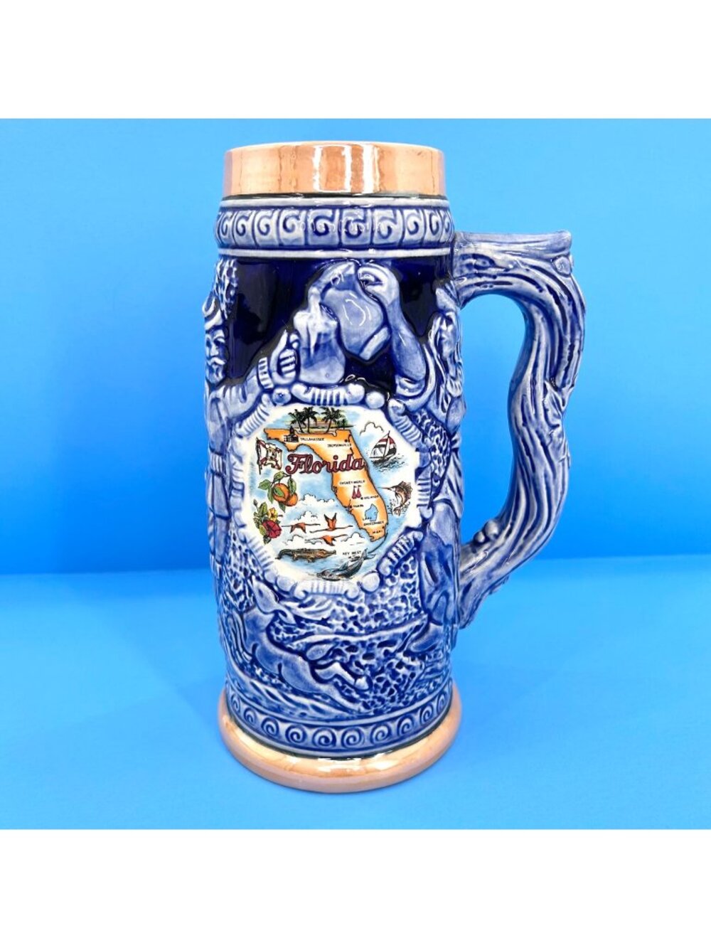 VINTAGE STATE OF FLORIDA BLUE & TAN TALL BEER STEIN MUG!
